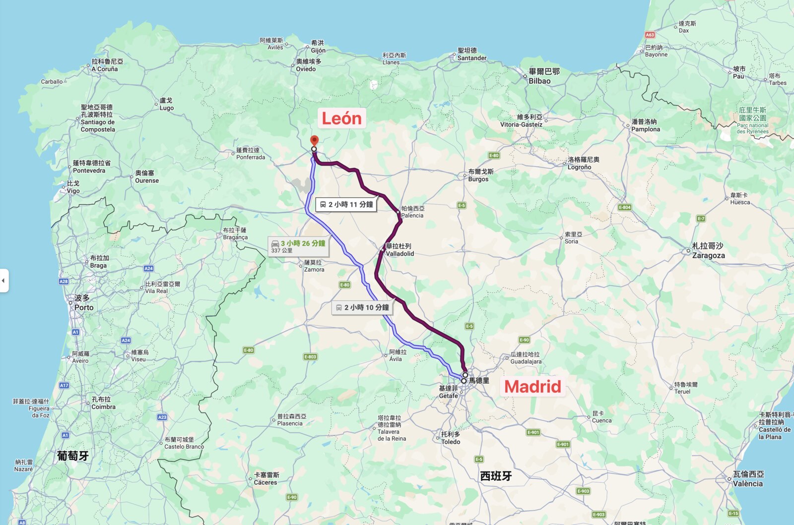 馬德里到 León 的 AVE 路線。