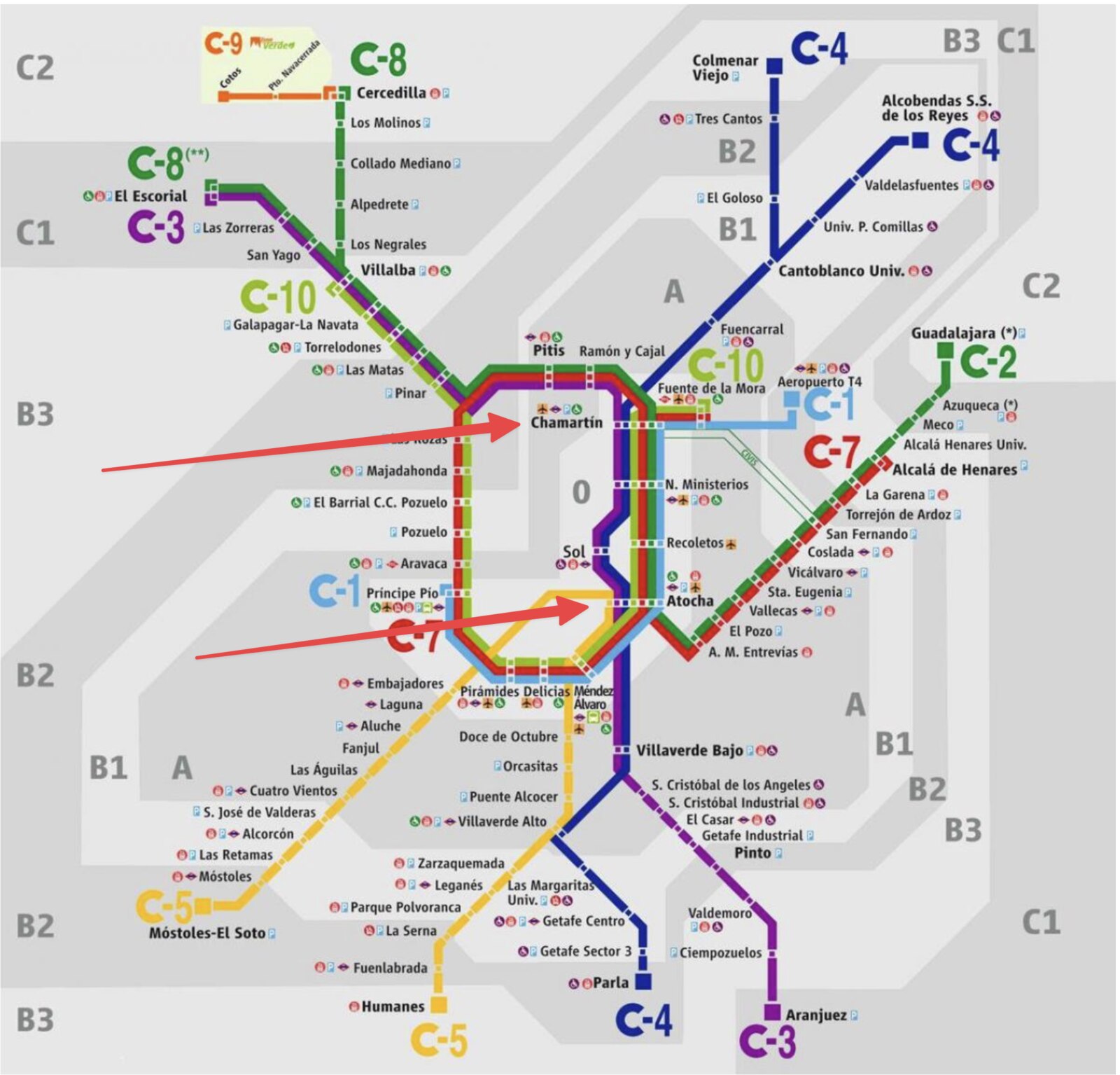 馬德里近郊的 Cercanías 路線圖。