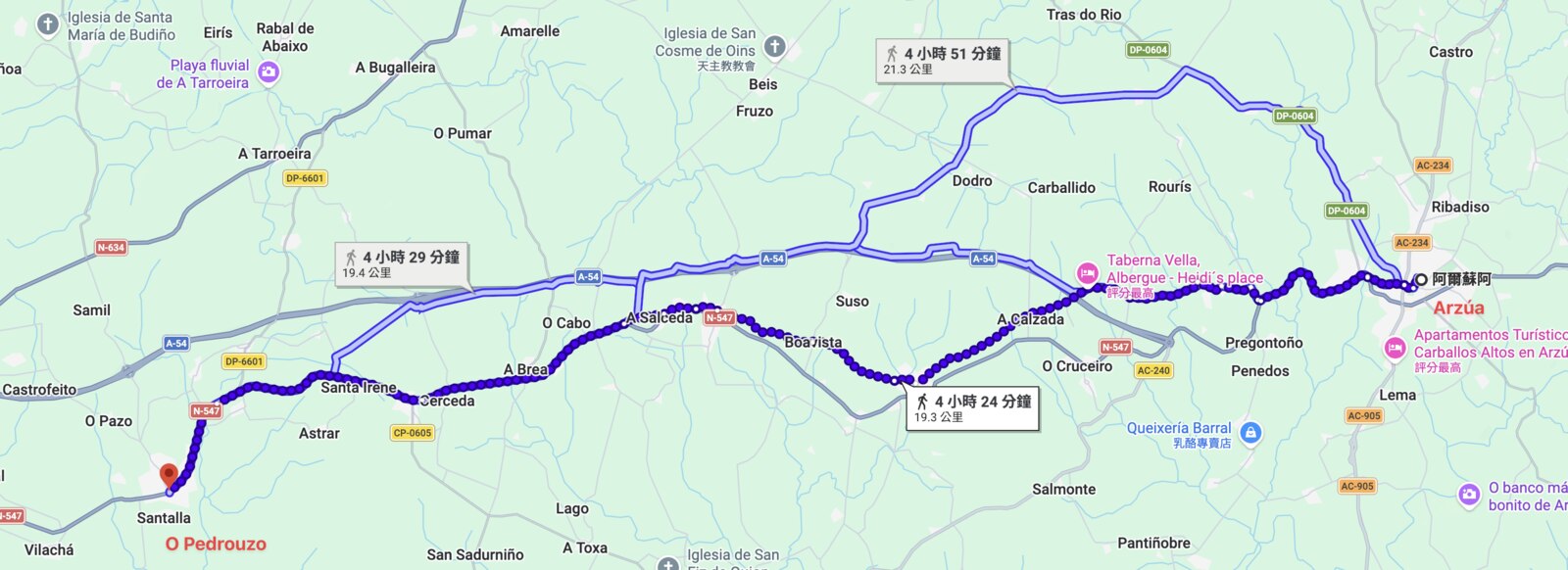 今天的路線:從右邊的 Arzúa 往西走到左下角的 O Pedrouzo,19.3 公里。