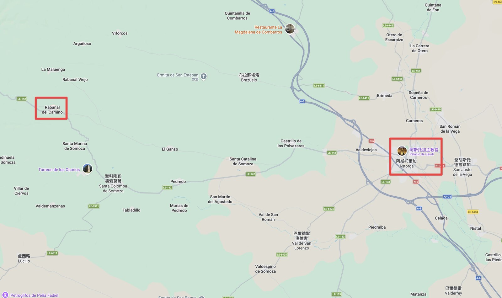 今天的路線:從右邊的 Astorga 往西走到左邊的 Rabanal del Camino,中途會經過 Santa Catalina de Somoza 和 El Ganso 兩個小鎮。