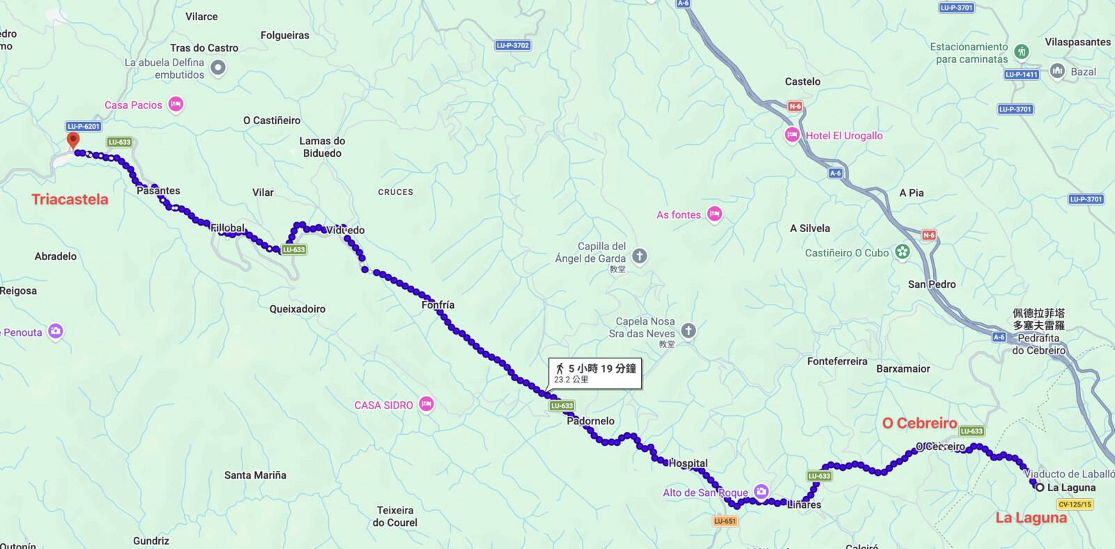 今天的路線:從右下角的 La Laguna 先上 O Cebreiro,翻過 Alto de San Roque 之後一路下坡到左上角的 Triacastela,23.2 公里。